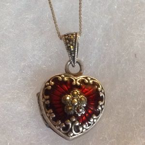 Sterling 925 Silver Red Marcacite Heart LOCKET & Necklace 925 sterling silver